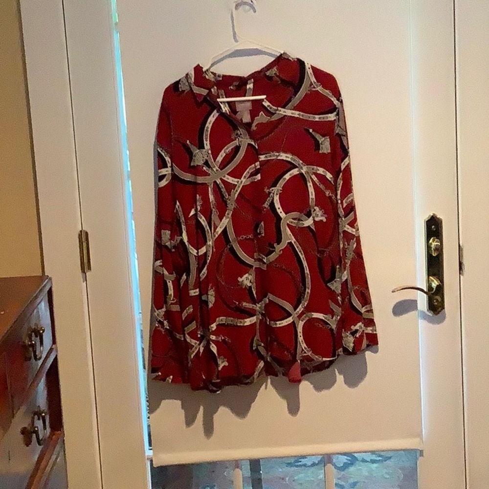 Burgundy with white, taupe and black design blouse